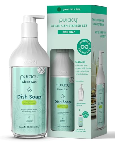 Image of Puracy Natural Dish Soap Clean Can Starter Set - Plant-Based Dishwashing Soap, Non-Toxic Dish Soap, Natural Liquid Dishwashing Detergent Soap As Seen on TikTok (Green Tea & Lime, 14.4 fl oz)