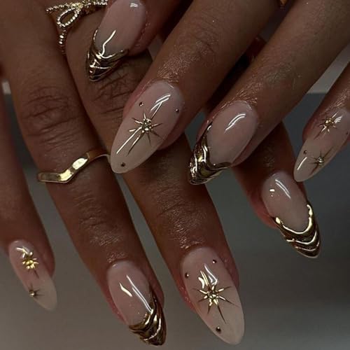 Image of Gold Press on Nails French Tip Fake Nails Nude Glossy False Nail with Rhinestone Design Star Glue on Nails Reusable Artificial Acrylic Full Cover Stick on Nail for Women Manicure 24Pcs