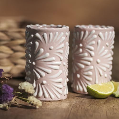Image of Talavera Shot Glasses Set of 4 Authentic Mexican Tequila Shot Glasses - Hand-painted - 2 Oz (White Brushstroke Pink Background)