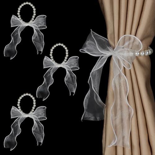 FINGERINSPIRE 4 alzapaños de cortina con lazo de encaje blanco con lazo de plástico ABS con perlas de imitación elegantes cintas de lazo para cortinas, cuerdas para decoración del hogar