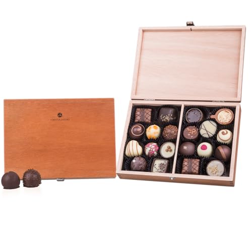 CHOCOLISSIMO Belgische Pralinen Geschenk 250g - 20 Handgemachte Pralinen in Edler Holzbox - Luxus Schokolade Geschenk zu Valentinstag, Geburtstag oder als Präsent für Genießer - ChocoClassic