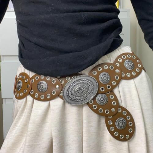 Talent Star Women Belt Round Buckle Wide Eyelets Faux Leather Adjustable Belt Exaggerated Round Shape Hollow Disc Waist Belt Coffee3