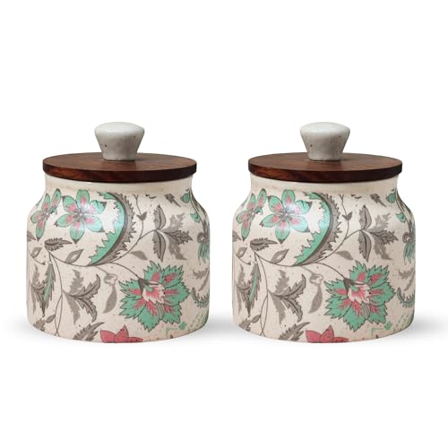 Image of Vistas 'Vintage Pastel' Airtight 380ml Set of 3 Ceramic Jar for Kitchen Storage | Handcrafted Ceramic Barni with Wooden Lid | Multipurpose Pickle, Spice & Salt Container