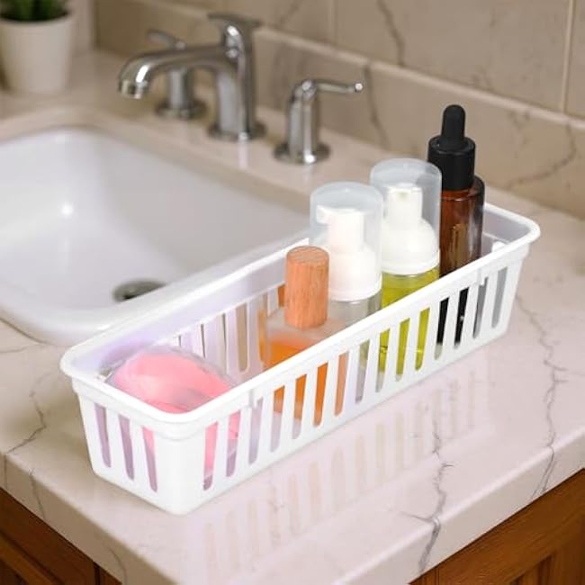 12 Pack Slim Plastic Storage Baskets Tray for Organizing 10.25 x 3.25 x 2.5 Inch Small Narrow Storage Bins Stackable Drawer Pencil Trays Holder for Desk Garage Cabinet Containers(White)