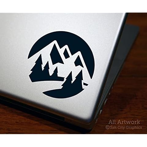 Mountain Scene Laptop Decal - Nature Scene Vinyl Sticker - Mountains, River, Pine Tree Forest - for Water Bottle, Notebook, MacBook, iPad (4 inches Wide, Black) Cover