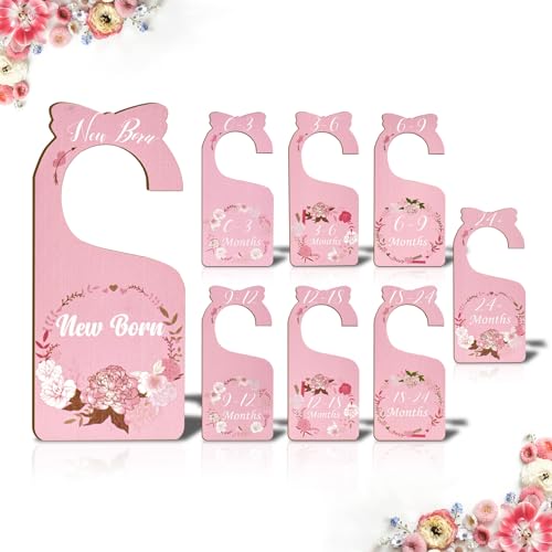 Image of Imtively Baby Closet Dividers for Clothes Organizer, 8 Pack Pink Flowers Wooden Double-Sided Baby Clothes Size Hanger Organizer from Newborn to 24 Months for Daycare Wardrobe, Boho Nursery Decor