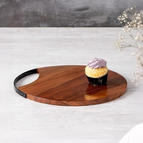 Image of nestroots Wooden Platter Serving Platter sizzler Plate for Snacks | 14 inches Round Brown platters for Snacks Serving Plates Wooden Tray with Black Iron Handle