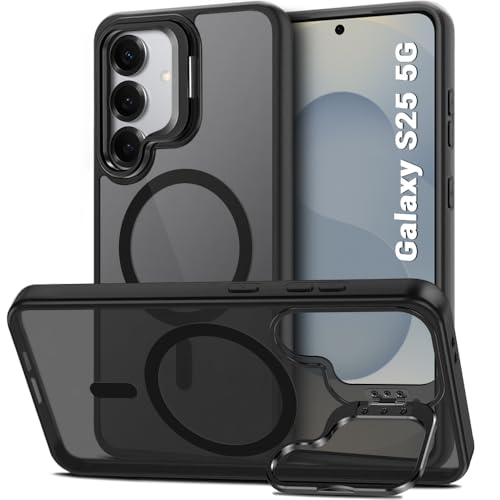 Image of TheGiftKart Hybrid Matte Frosted Back Cover Case for Samsung Galaxy S25 5G | Built-in Stand | Shockproof Hard Case Cover for Samsung Galaxy S25 5G (PC & TPU, MagSafe Compatible, Translucent Black)
