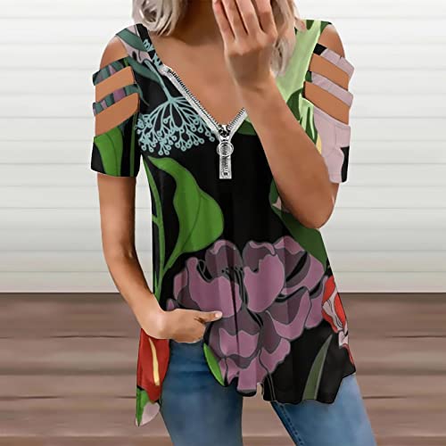 KccOsg Túnica feminina para usar com leggings, túnicas florais com ombro vazado, ajuste solto, zíper