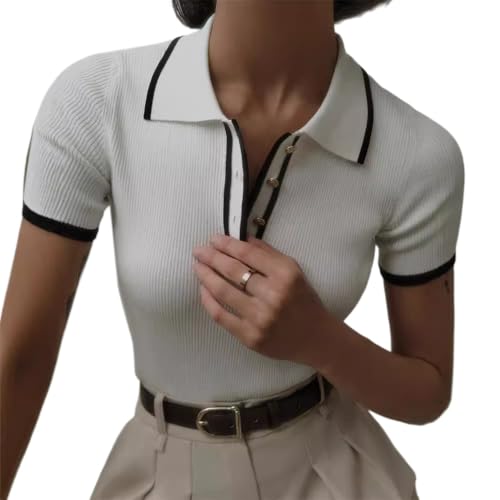 Short-Sleeved Lapel top, Tight-Fitting, Contrasting Colors, European and American Temperament Knitted Polo - Main Image