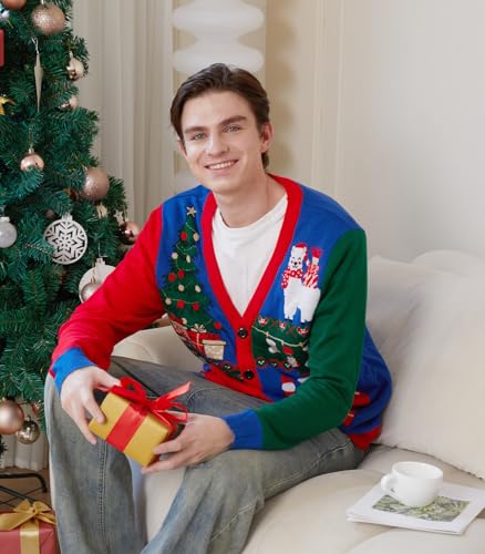 RAISEVERN Ugly Christmas Sweater for Mens Cardigan Button Down V Neck Funny Knit Xmas Holiday Party4