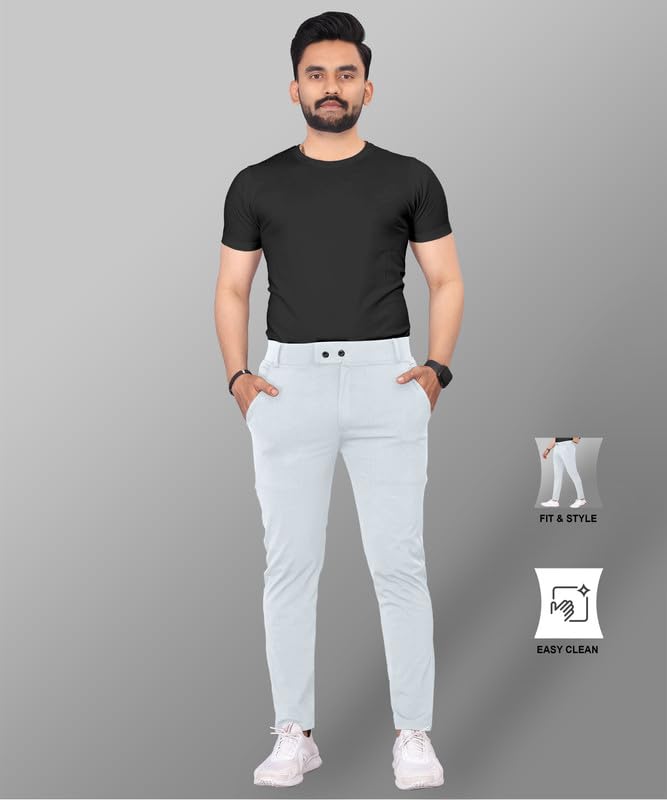 Image of MiraMichi Men's Slim Fit Stretchable Casual Mid Rise Trousers | Stylish Lycra Blend Pants for Office, Party
