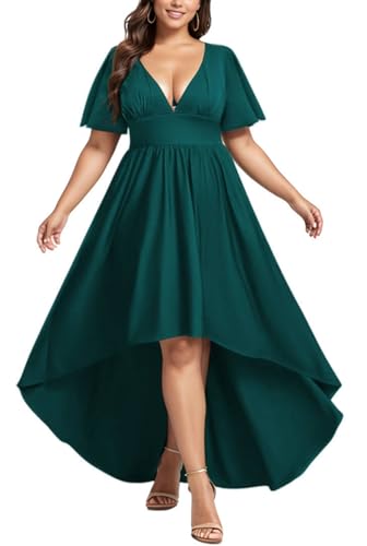 Image of Elegant Dresses Formal Evening Cocktail Long Maxi Wedding Party Dress Sexy V Neck Ruffle Sleeve Hi Low Flowy Gowns