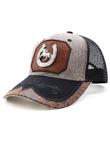 URAMAN Cowboy Trucker Hat Western Vintage Black Horseshoe Baseball Cap for Men Women Country Concert Rodeo Theme Party