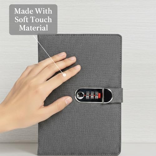 Image of Diary with Lock, A5 Personal Notebook with 3-Digit Combination Lock, PU Leather Journal for Women & Men | Secret Writing Notebook for Girls, Boys, Office & School and Gifts (22 x15 CM) (Fabric Gray)