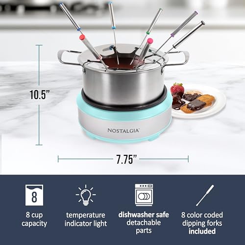 Image of Nostalgia 8-Cup Electric Fondue Pot Set for Cheese & Chocolate - 8 Color-Coded Forks, Temperature Control - Kitchen Gadgets and Appliances for Hors d'Oeuvres and More - Aqua