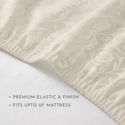 Image of Blue Dahlia 100% Cotton, Queen Size Elastic Fitted Bedsheet (60 inchx78 inch) + 2 Pillow Covers, Fits Upto 10 inch Mattress, 300TC Premium Bedsheet, Bold Floral Jacquard Pattern - Beige