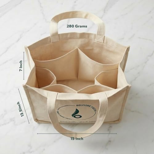 Image of Eco Cotton Canvas Grocery Shopping Bag with Compartments | Heavy Duty Reusable Vegetable & Fruit Bag | Reinforced Handles & Thick Bottom | Multipurpose Tote for Milk, Office & Daily Use