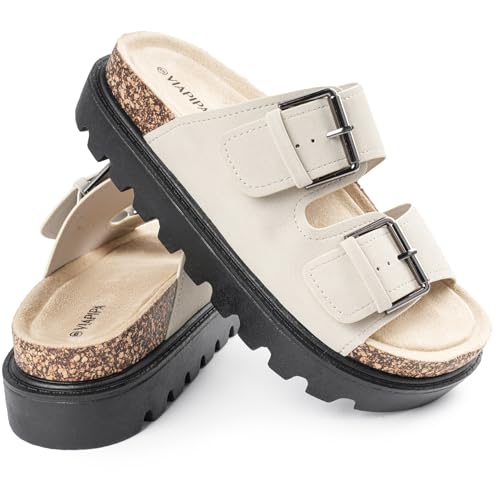 Image of Chunky Platform Sandals for Women, Waterproof Non-Slip Rubber Sole, Adjustable Double Buckle, Arch Support Open Toe Slide Sandals, Comfortable Black Wedge Sandals for Women