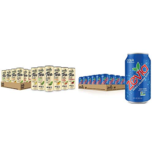 Zevia Organic Tea Time Variety Pack, 12 Count, Sugar-Free Brewed Iced Tea Beverage & Zero Calorie Soda, Cola, Naturally Sweetened Soda, (24) 12 Ounce Cans; Cola-Flavored Carbonated Soda #TOP21