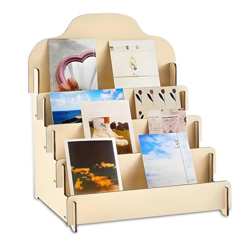 Qixuer Soporte De Exhibición De Madera de 4 Niveles, Estante para Tarjetas, Estante para Postales, Organizador de Varios Niveles para Tarjetas de Fotos
