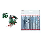 Bosch Stichsäge PST 800 PEL (530 Watt, im Koffer) + Accessories Professional 10tlg. Stichsägenblätter Set (für Holz und Metall, Zubehör für Stichsägen mit T-Schaft Aufnahme)