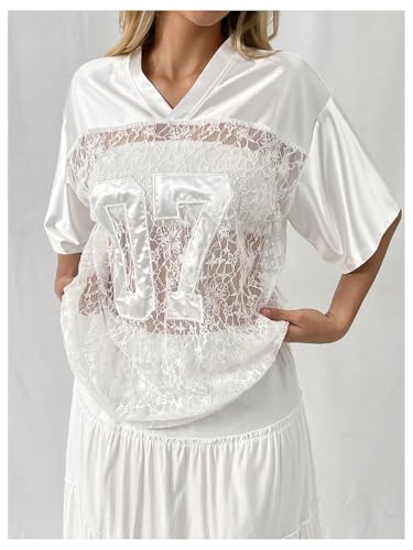 GORGLITTER Women's Floral Lace Jersey Shirts Graphic Y2k Satin Silky V Neck Half Sleeve Tee Tops2