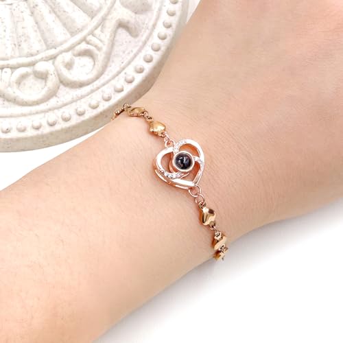 Image of Uloveido Cute Stainless Steel Heart Link Chain Bracelet | 100 Different Languages I Love You Projection Bracelets for Women Girls