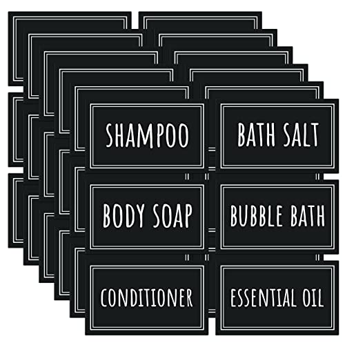 Image of Segbeauty 36PCS Black Waterproof Labels, Self-Adhesive Bathroom Labels for Organizing, Removable Printed Shampoo Conditioner Body Soap Bath Salt Essential Oil Label Stickers for Plastic Glass Bottles