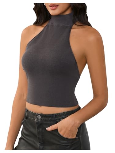 Image of MakeMeChic Women's Y2k Halter Mock Neck Top Going Out Sleeveless Backless Knit Top