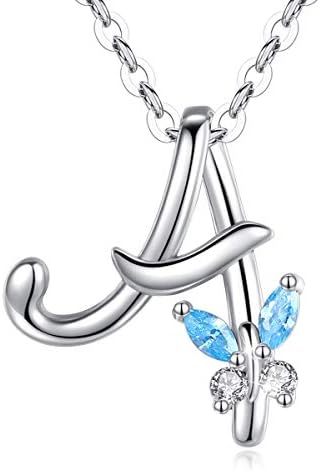 EUDORA Sterling Silver Initial A Necklace for Women Girl Personalized Letter Pendant with Blue Cubic Zirconia Butterfly, 18" chain