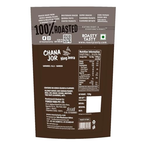 Image of Roasty Tasty Chana Jor | Roasted Chana Chur Garam - Healthy Snack with Hing Jeera Flavour | Healthy Namkeen for Chai Time | High Protein | No Palm Oil Namkeen Snacks | Gluten Free Snacks | 150g x 2 Packs | Crunchy Indian Snack | Roasted Namkeen