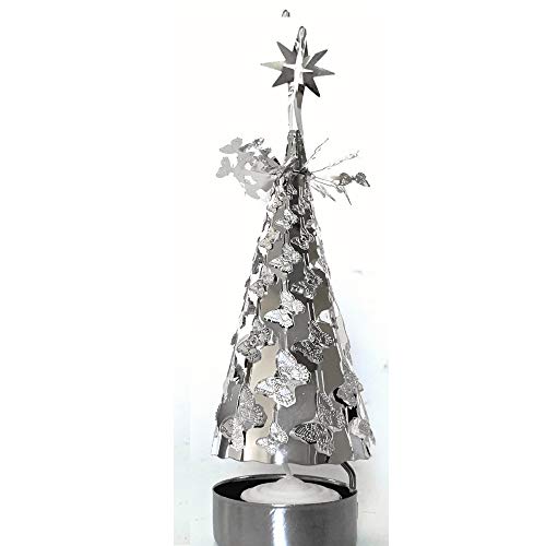 BANBERRY DESIGNS Spinning Candles - Silver Metal Tree with Butterflies - Scandinavian Design Candle Holder - The Tree Rotates When The Tea Light Candle is Lit - Carousel Candle Holder