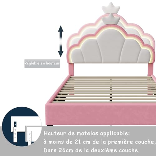 Cama infantil de 140x200 cm acolchada con luces LED y cabecero de princesa ajustable 5