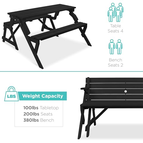Image of Best Choice Products 2-in-1 Transforming Interchangeable Outdoor Wooden Picnic Table Garden Bench for Backyard, Porch, Patio, Deck w /Umbrella Hole - Black