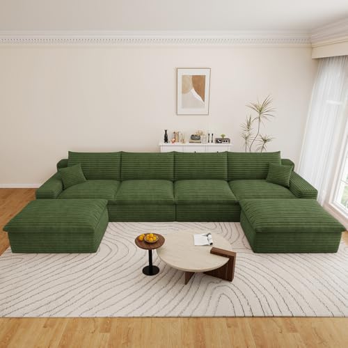 Image of 136 inch Cloud Couch Modular Sectional Sofa for Living Room, U-Shape Boneless Couch with Deep Seat, Modern Corduroy 4-Seater with Ottomans, No Assembly Required, Green