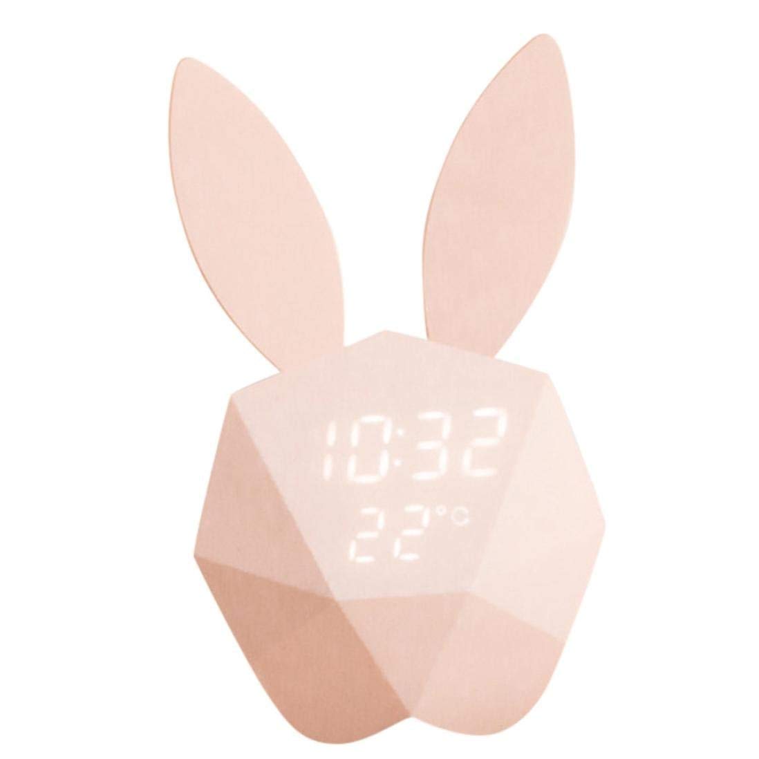 Sruix Pink Cute Bunny Alarm Clock Wall Clock Night Light Table Clock Wake Up Light Cartoon Rabbit Bedside Table Lamp Gift for Kids Children Adults