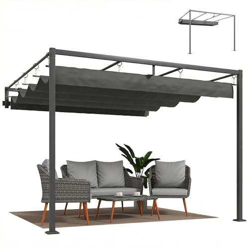 Outsunny Pérgola de Pared de Jardín 3x3 m, Cenador de Jardín con Techo Retráctil, Protección UPF30+, Orificios de Drenaje y Estructura de Acero, Pabellón para Patio, Terraza, Exterior, Gris Oscuro