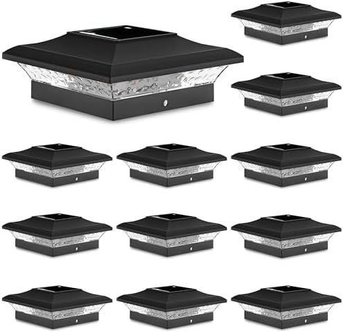 T-SUN 4x4 Solar Post Cap Lights Outdoor 12 Pack, Warm White LED Fence Post Solar Lights Fit for 4x4 Vinyl Posts, Waterproof Deck Light Solar Powered for Garden Patio Gate Porch