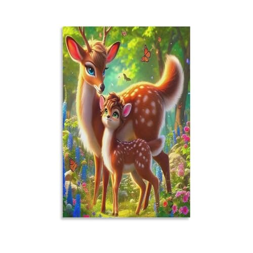 DFENILROP Ciervo de Primavera Cuadro De Pared, Madre y Bebé Poster Obra Arte Colgado | Impresión Lienzo Murales, Clásico Pintura Decor De Hogar Para Salón Dormitorio Regalo 12x18inch(30x45cm)