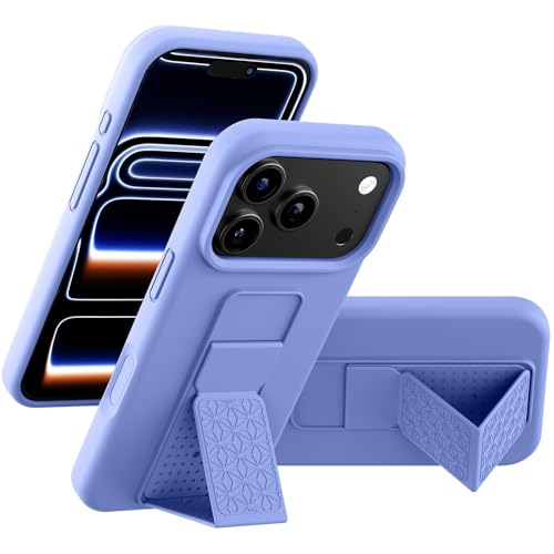 Coque silicone compatible iPhone 17 Pro violette haute finition avec support et dragonne métal