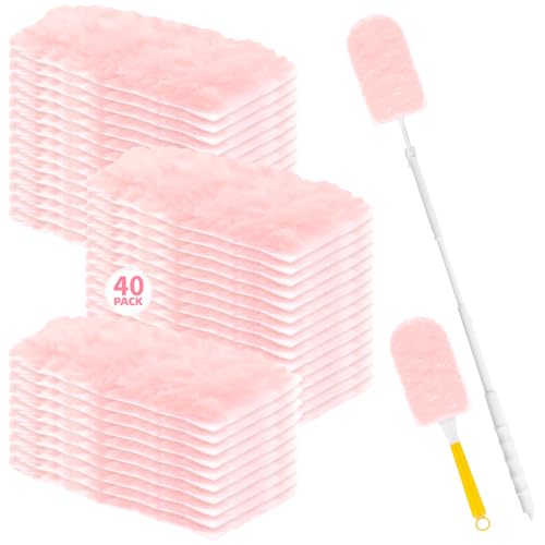 Image of Heavy Duty Dusters Refills, Disposable Dusters Kit Compatible with Swiffer Handles, Multisurface Dusters+1 Extended Handle +1 Handle (Pink, 360)