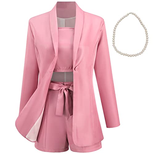 aromm Damen 3 teiliges Büro Arbeitsanzug Langarm Blazer + Gebundene Shorts + Camisole Elegant Sommerkleidung Set Rosa, XXL