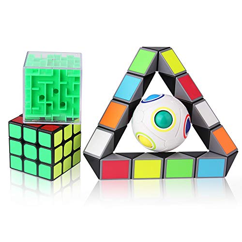 ROXENDA 4 Pack 3-D Puzzles Bundle Brain Teasers Toy Set - 3x3x3 Cube/Rainbow Magic Ball/3D Maze Magic Cube/Magic Snake Cube; IQ Games for All Age
