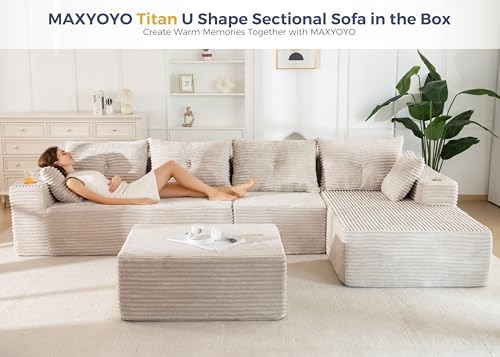 Image of MAXYOYO 132 inch Giant U-Shaped Modular Sectional Couch, Modern Boneless Couch for Living Room, Sofa in A Box, Oversized Sofa with Deep Seat, No Assembly Required, Grayish Beige