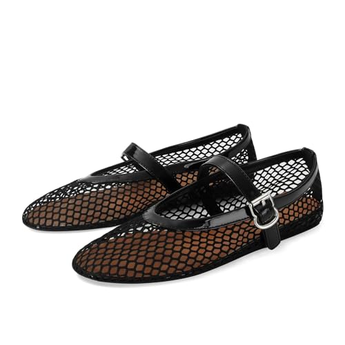 MICIFA Women's Mesh Ballet Flats Fishnet Ballerina Flats Buckle Strap Mary Jane Shoes Causal Daily Dress Shoes - Main Image