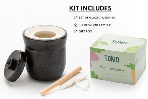 TOMO Ceramic Fermentation Crock with Weights - 3L Stoneware for Kombucha and Sauerkraut