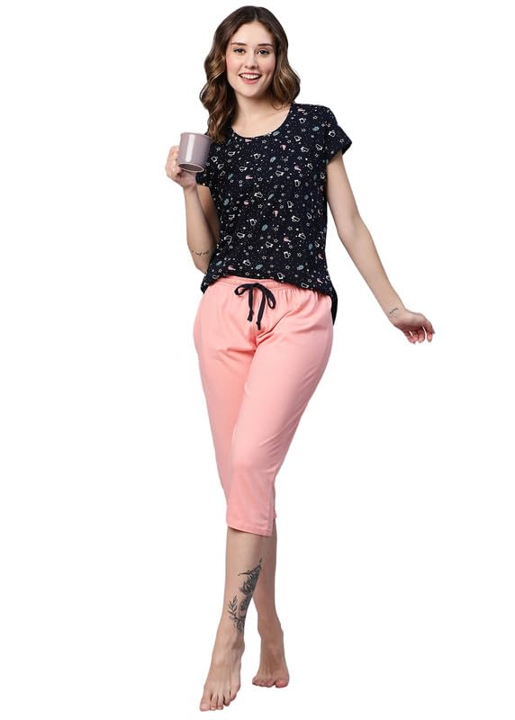 Image of AV2 Women Cotton Printed 3 Piece Nightsuit Capris Set 2315