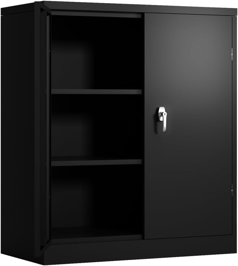 Metal Storage Cabinet with 2 Doors and 2 Shelves, Lockable Steel Storage Cabinet for Office, Garage, Warehouse