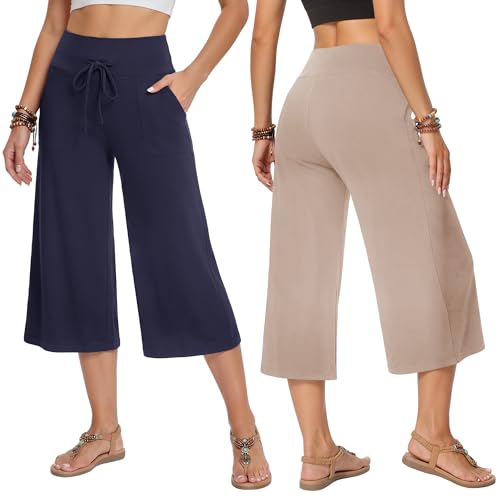 Image of TNNZEET 3 Pack Women's Wide Leg Pants with Pockets - Casual Loose Yoga Trouser Pants Sweatpants Palazzo Lounge Pajama Pants